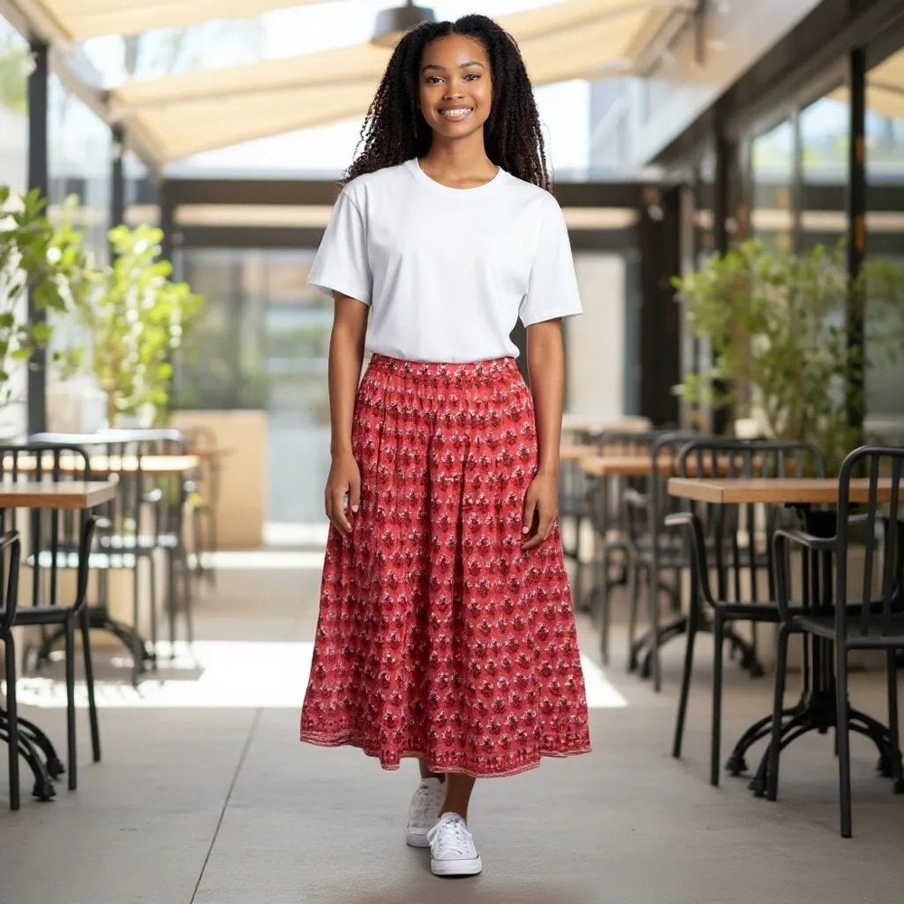 J.Crew Floral Print Skirt Size 4 Red Brown White‎ Midi Pleated Casual Lined Boho